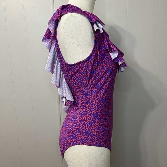 J.Crew one piece ruffle low back blue with small red leaf pattern size 8 - Picture 5 of 12